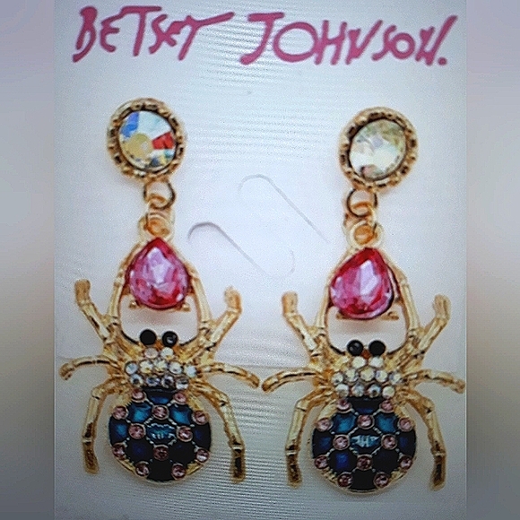 BETSEY JOHNSON Spider Earrings Enamel Gold Purple Blue Crystal Rhinestones NEW - Picture 10 of 12